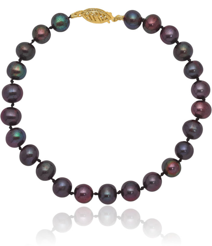 14K Solid Yellow Gold 6mm Black Near Round Freshwater Cultured Pearl Chain Bracelet