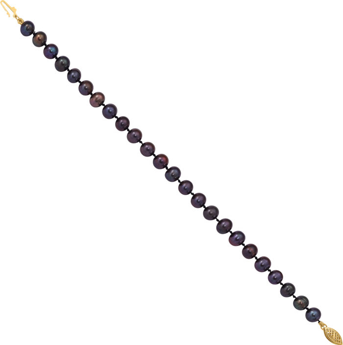 14K Solid Yellow Gold 6mm Black Near Round Freshwater Cultured Pearl Chain Bracelet