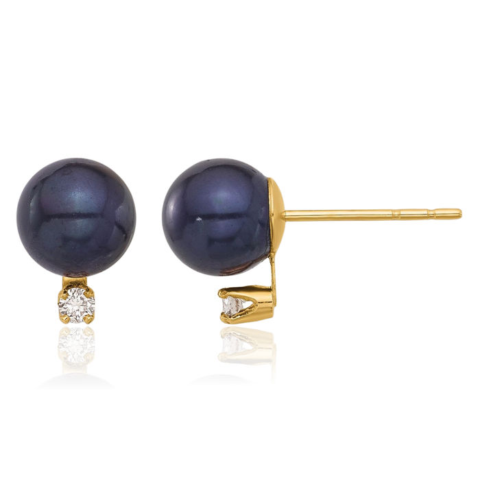 14K Solid Yellow Gold 6mm Black Round Freshwater Cultured Pearl Diamond Stud Earrings