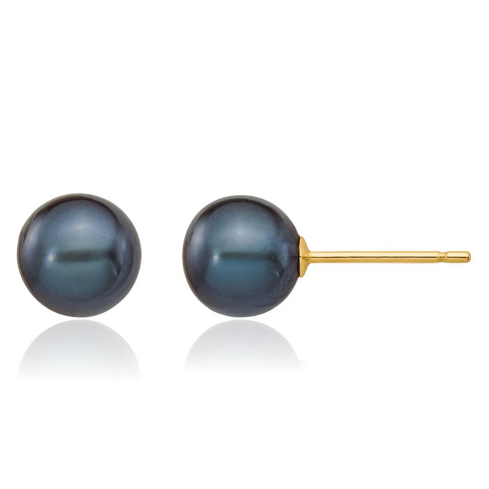 14K Solid Yellow Gold 6mm Black Round Freshwater Cultured Pearl Stud Earrings