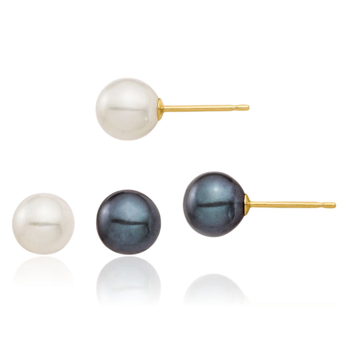 14K Solid Yellow Gold 6mm Black White Round Freshwater Cultured Pearl 2 Pair Stud Earrings Set