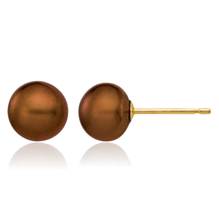 14K Solid Yellow Gold 6mm Brown Button Freshwater Cultured Pearl Stud Earrings