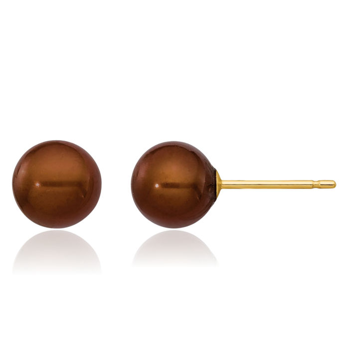 14K Solid Yellow Gold 6mm Brown Round Freshwater Cultured Pearl Stud Earrings