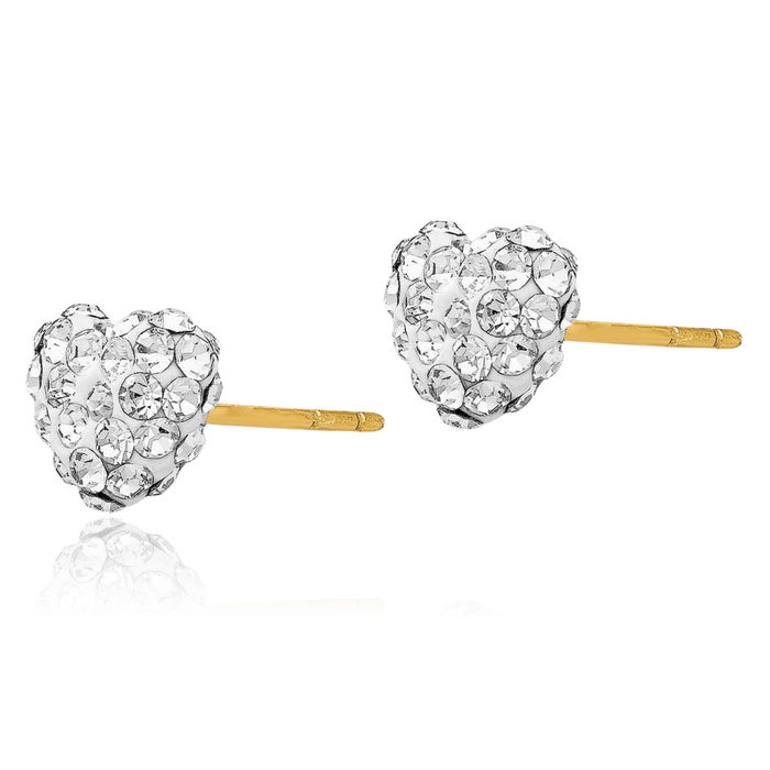 14K Solid Yellow Gold Post 6mm Rhinestone Crystals Heart Stud Earrings