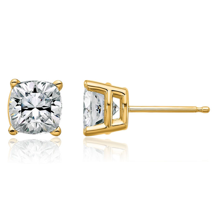 14K Solid Yellow Gold 6mm Cushion-Cut Solitaire Moissanite Stud Earrings