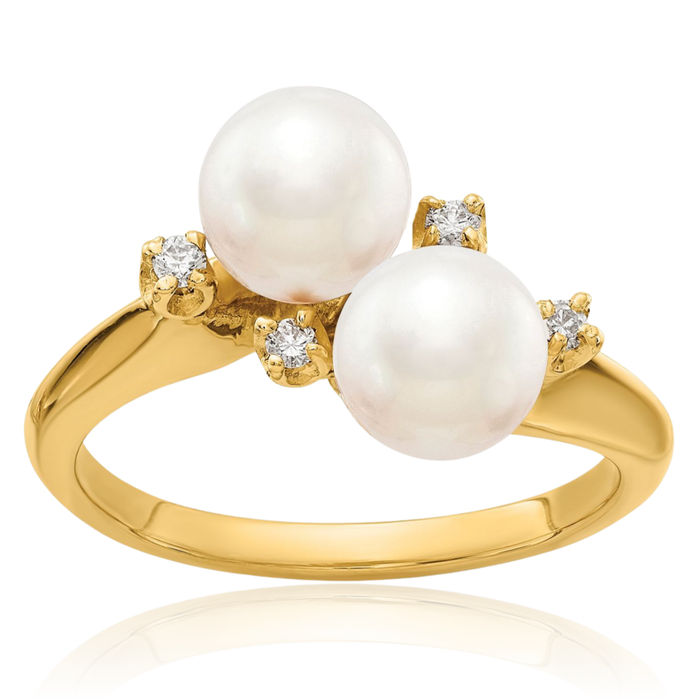 14K Solid Yellow Gold 6mm Freshwater Cultured Pearl Diamond Ring