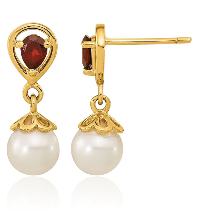 14K Solid Yellow Gold 6mm Freshwater Cultured Pearl Mozambique Garnet Drop Dangle Earrings January Birthstone Jewelry