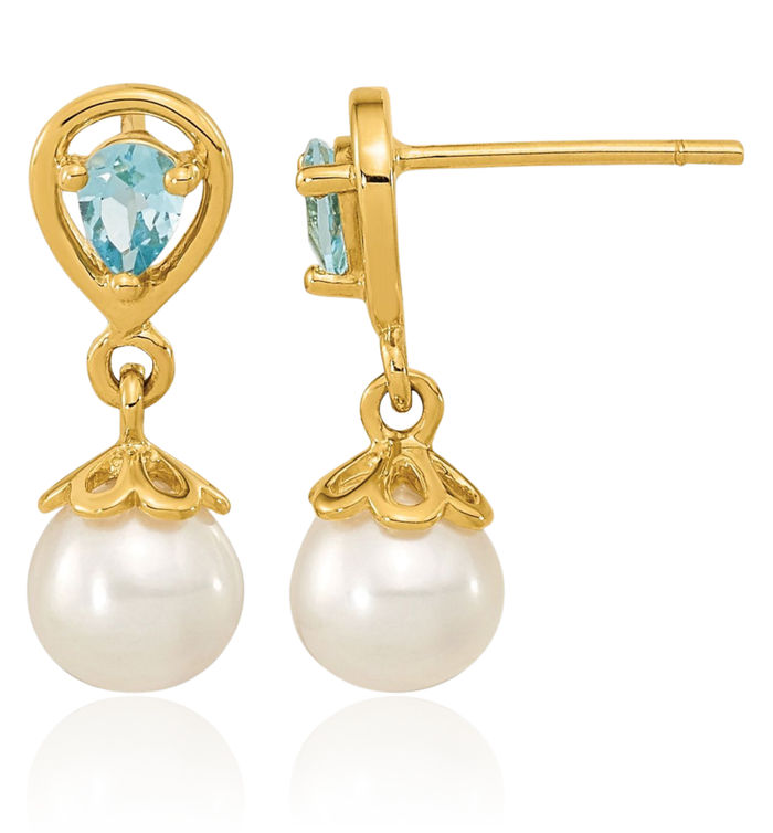 14K Solid Yellow Gold 6mm Freshwater Cultured Pearl Swiss Blue Topaz Drop Dangle Earrings December Birthstone Jewelry