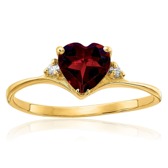 14K Solid Yellow Gold 6mm Heart Red Garnet Diamond Ring Gemstone Band January Birthstone Jewelry
