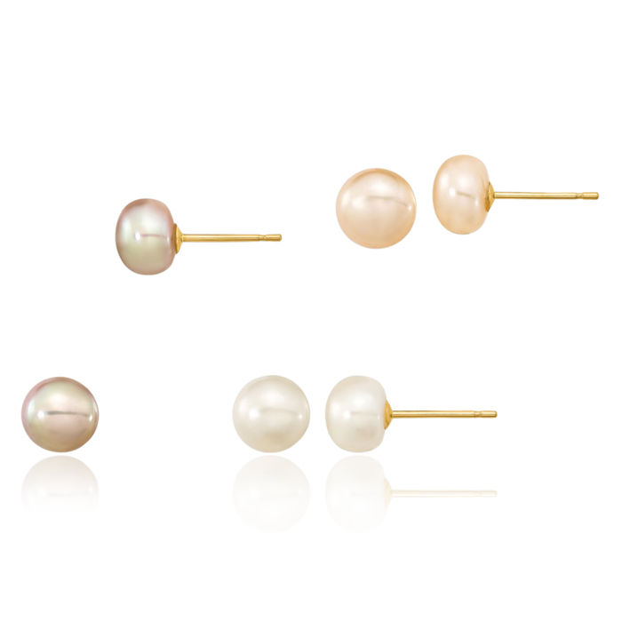 14K Solid Yellow Gold 6mm Multi-color Button Freshwater Cultured Pearl 3 Pair Stud Earrings Set