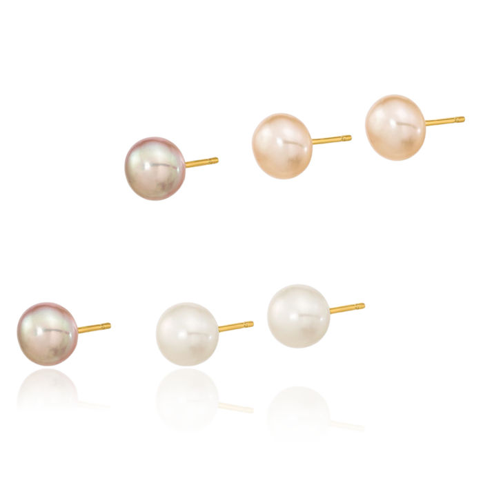 14K Solid Yellow Gold 6mm Multi-color Button Freshwater Cultured Pearl 3 Pair Stud Earrings Set