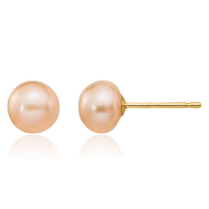 14K Solid Yellow Gold 6mm Pink Button Freshwater Cultured Pearl Stud Earrings