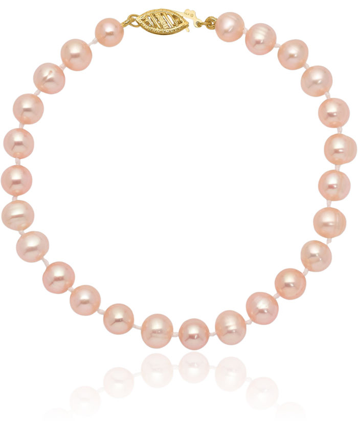 14K Solid Yellow Gold 6mm Pink Near Round Freshwater Cultured Pearl Chain Bracelet