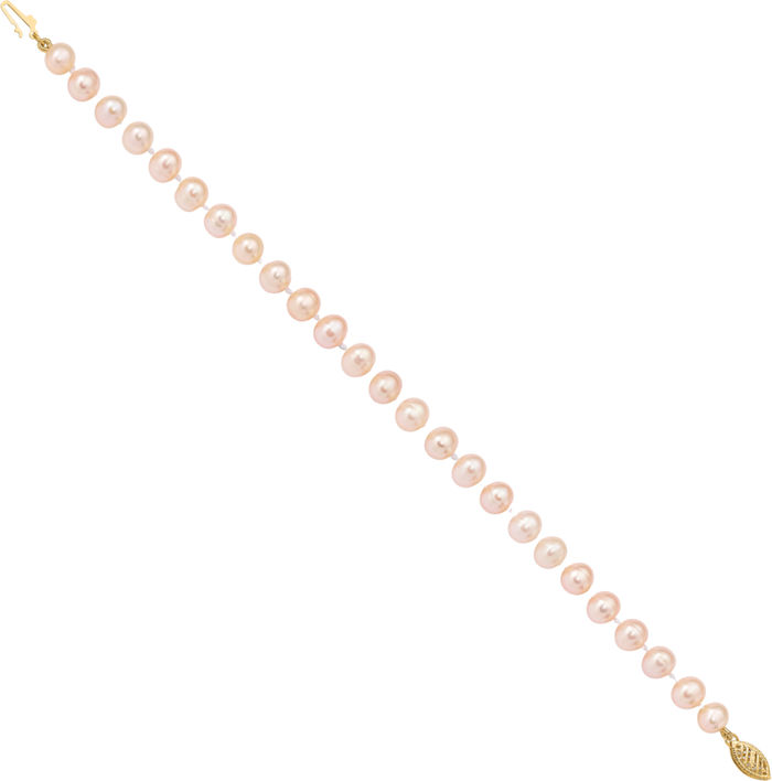 14K Solid Yellow Gold 6mm Pink Near Round Freshwater Cultured Pearl Chain Bracelet