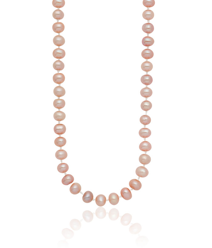 14K Solid Yellow Gold 6mm Pink Near Round Freshwater Cultured Pearl Necklace Chain