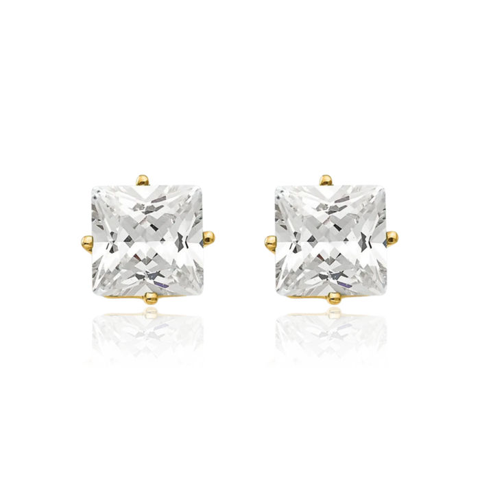 14K Solid Yellow Gold 6mm Princess-Cut Square Cubic Zirconia CZ Studs Gemstone Solitaire Earrings April Birthstone Jewelry