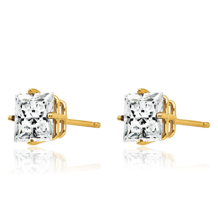 14K Solid Yellow Gold 6mm Princess-Cut Square Cubic Zirconia CZ Studs Gemstone Solitaire Earrings April Birthstone Jewelry