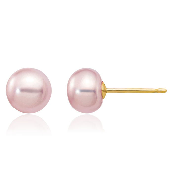14K Solid Yellow Gold 6mm Purple Button Freshwater Cultured Pearl Stud Earrings