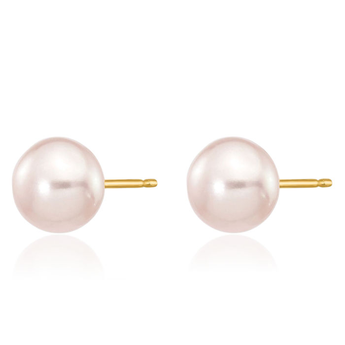 14K Solid Yellow Gold 6mm Purple Button Freshwater Cultured Pearl Stud Earrings