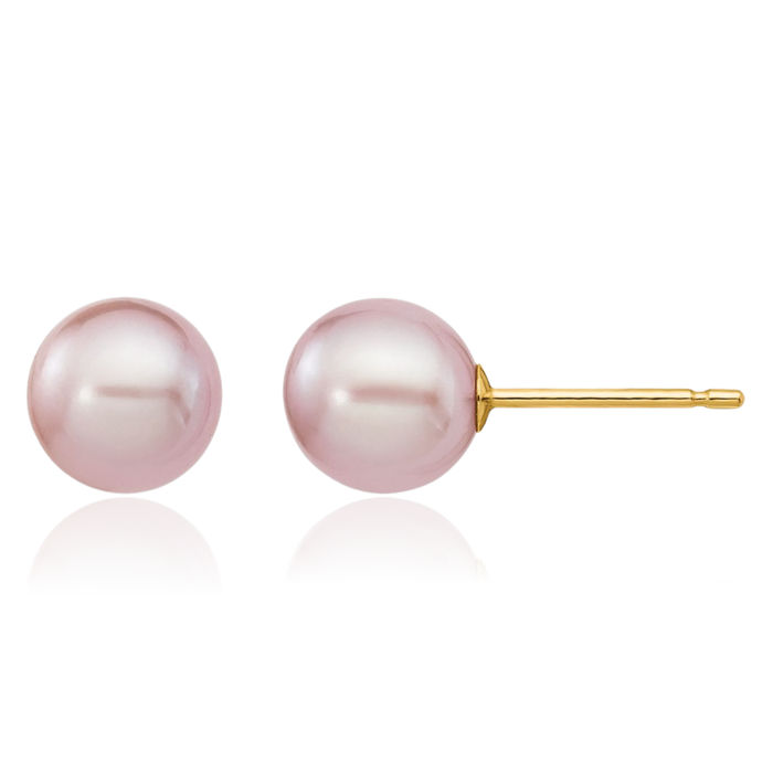 14K Solid Yellow Gold 6mm Purple Round Freshwater Cultured Pearl Stud Earrings