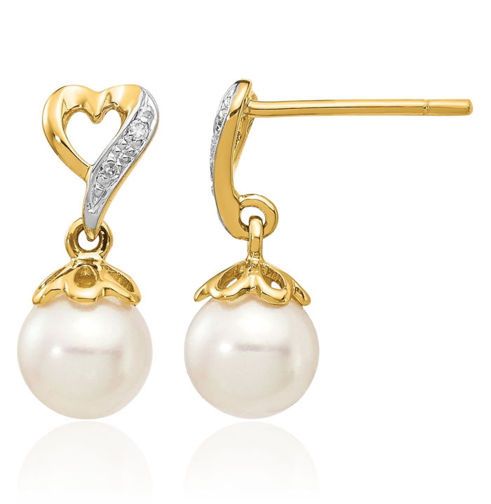 14K Solid Yellow Gold 6mm Round Freshwater Cultured Pearl Heart Diamond Drop Dangle Earrings