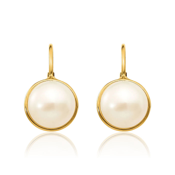 14K Solid Yellow Gold 6mm White Button Freshwater Cultured Pearl Drop Dangle Earrings