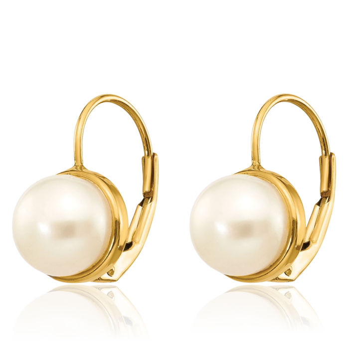 14K Solid Yellow Gold 6mm White Button Freshwater Cultured Pearl Drop Dangle Earrings