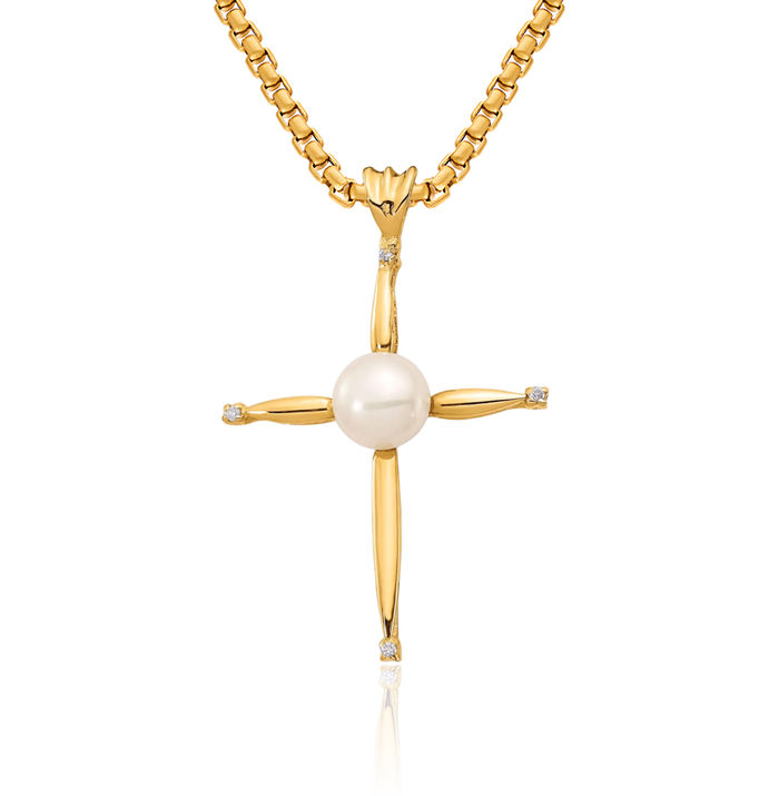 14K Solid Yellow Gold 6mm White Button Freshwater Cultured Pearl Diamond Holy Cross Necklace Religious Chain Pendant Jesus Christ Charm