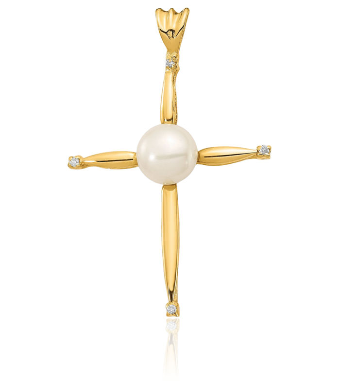 14K Solid Yellow Gold 6mm White Button Freshwater Cultured Pearl Diamond Holy Cross Necklace Religious Chain Pendant Jesus Christ Charm