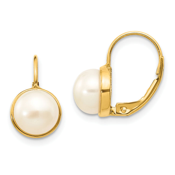 14K Solid Yellow Gold 6mm White Button Freshwater Cultured Pearl Drop Dangle Earrings