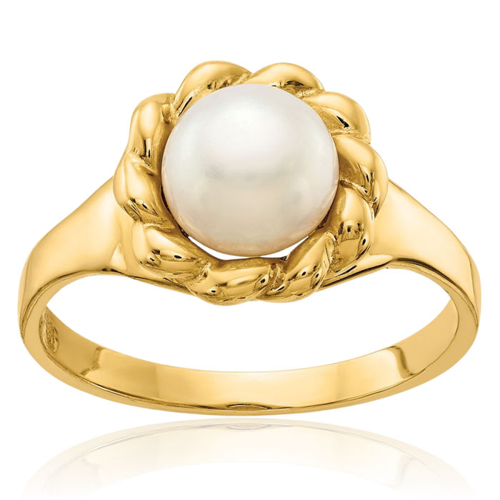 14K Solid Yellow Gold 6mm White Button Freshwater Cultured Pearl Statement Ring