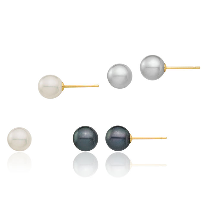 14K Solid Yellow Gold 6mm White Grey Black Round Freshwater Cultured Pearl 3 Pair Stud Earrings Set