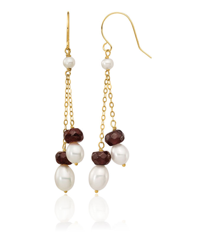 14K Solid Yellow Gold 6mm White Rice Freshwater Cultured Pearl 4.0ga Garnet Double Chain Drop Dangle Earrings