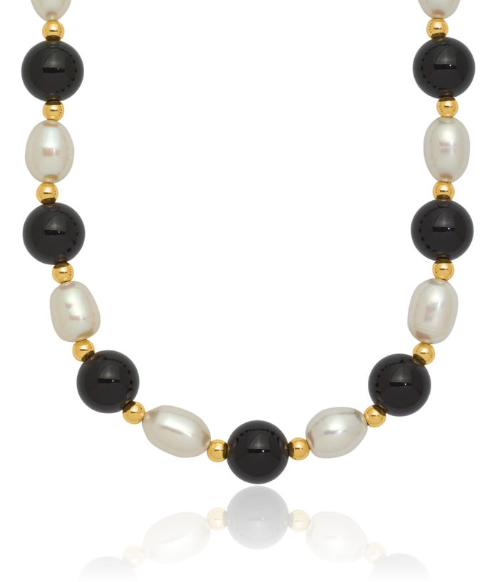 14K Solid Yellow Gold 6mm White Rice Freshwater Cultured Pearl Black Onyx Bead Chain Necklace Gemstone Pendant Charm