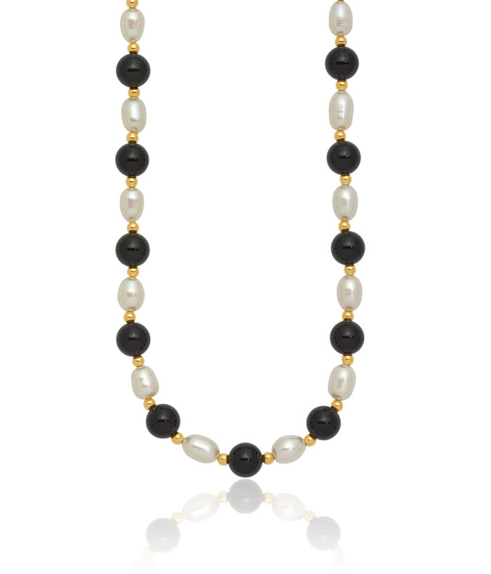 14K Solid Yellow Gold 6mm White Rice Freshwater Cultured Pearl Black Onyx Bead Chain Necklace Gemstone Pendant Charm