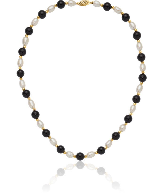 14K Solid Yellow Gold 6mm White Rice Freshwater Cultured Pearl Black Onyx Bead Chain Necklace Gemstone Pendant Charm