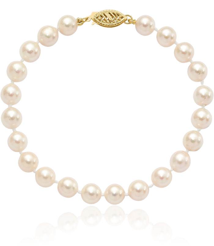 14K Solid Yellow Gold 6mm White Round Akoya Saltwater Cultured Pearl Chain Bracelet