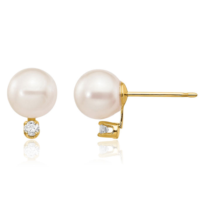 14K Solid Yellow Gold 6mm White Round Akoya Saltwater Cultured Pearl Diamond Stud Earrings