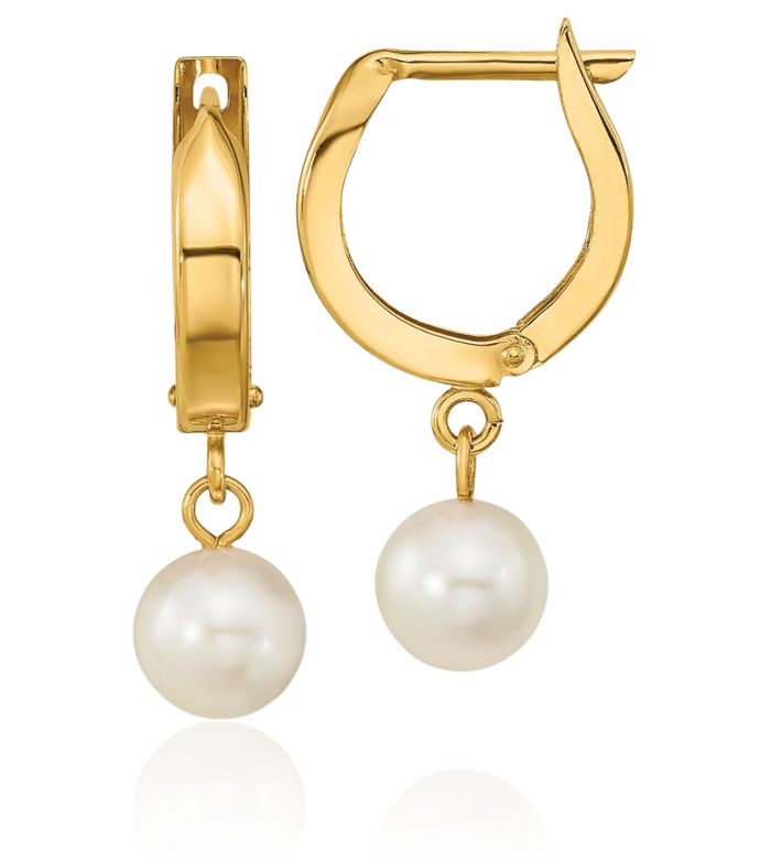 14K Solid Yellow Gold 6mm White Round Akoya Saltwater Cultured Pearl Medium Hoop Drop Dangle Earrings