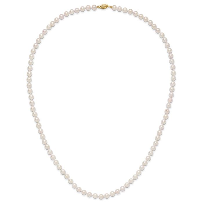 14K Solid Yellow Gold 5mm White Round Akoya Saltwater Cultured Pearl Necklace Chain