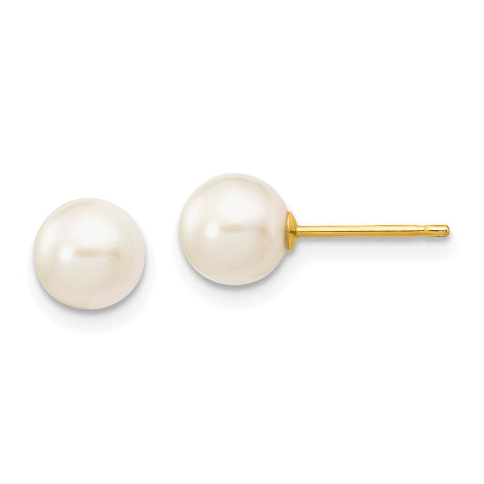 14K Solid Yellow Gold 6mm White Round Akoya Saltwater Cultured Pearl Stud Earrings