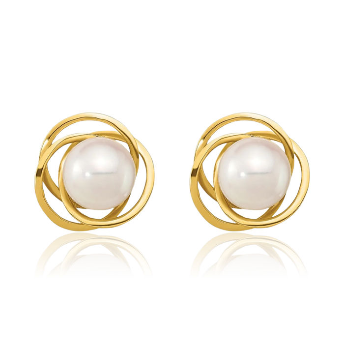 14K Solid Yellow Gold 6mm White Round Akoya Saltwater Cultured Pearl Stud Earrings