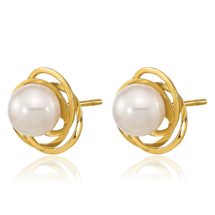 14K Solid Yellow Gold 6mm White Round Akoya Saltwater Cultured Pearl Stud Earrings