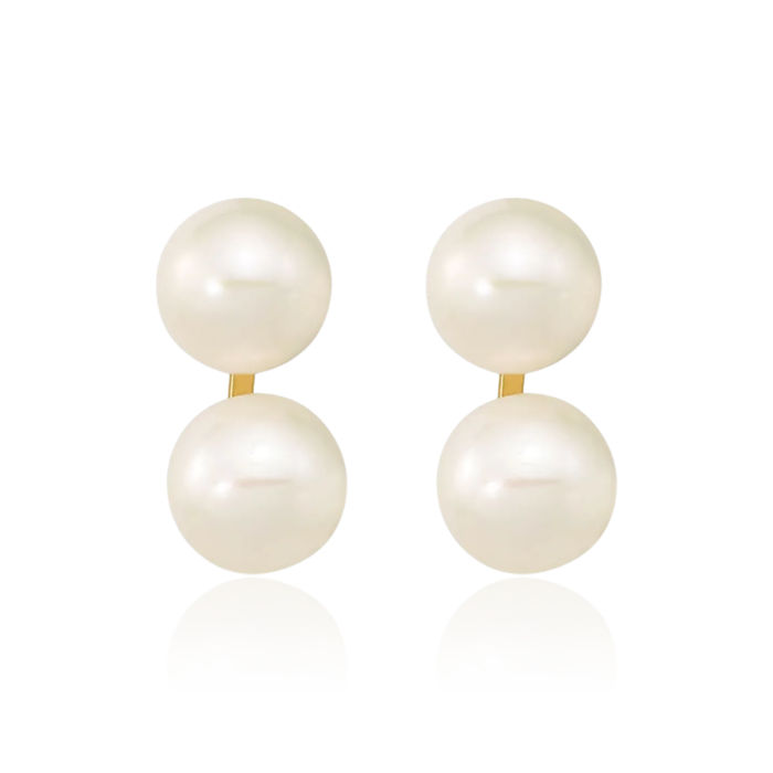 14K Solid Yellow Gold 6mm White Round Freshwater Cultured Double Pearl Stud Earrings