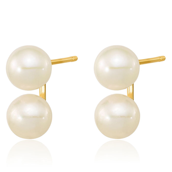 14K Solid Yellow Gold 6mm White Round Freshwater Cultured Double Pearl Stud Earrings