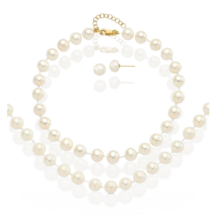 14K Solid Yellow Gold 6mm White Round Freshwater Cultured Pearl 1 Bracelet Necklace Chain Button Stud Earrings Set