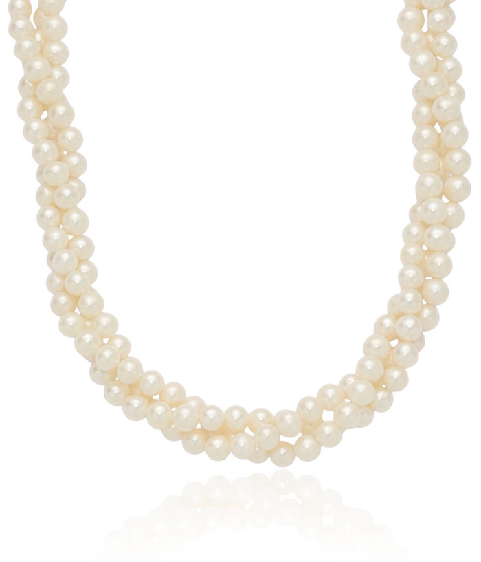 14K Solid Yellow Gold 6mm White Near Round Freshwater Cultured Pearl 3 Strand Necklace Chain