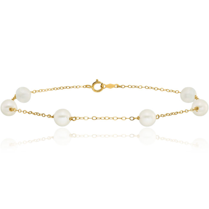 14K Solid Yellow Gold 6mm White Near Round Freshwater Cultured Pearl 6 Station Anklet Summer Beach Foot Ankle Bracelet