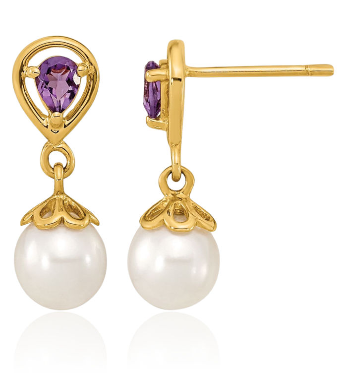 14K Solid Yellow Gold 6mm White Round Freshwater Cultured Pearl Purple Amethyst Post Drop Dangle Earrings February Birthstone Jewelry