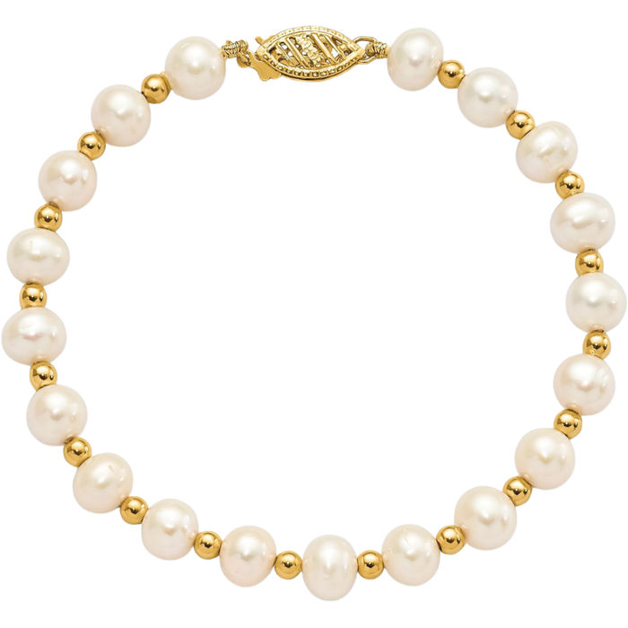 14K Solid Yellow Gold 6mm White Near Round Freshwater Cultured Pearl Beaded Ball Chain Bracelet